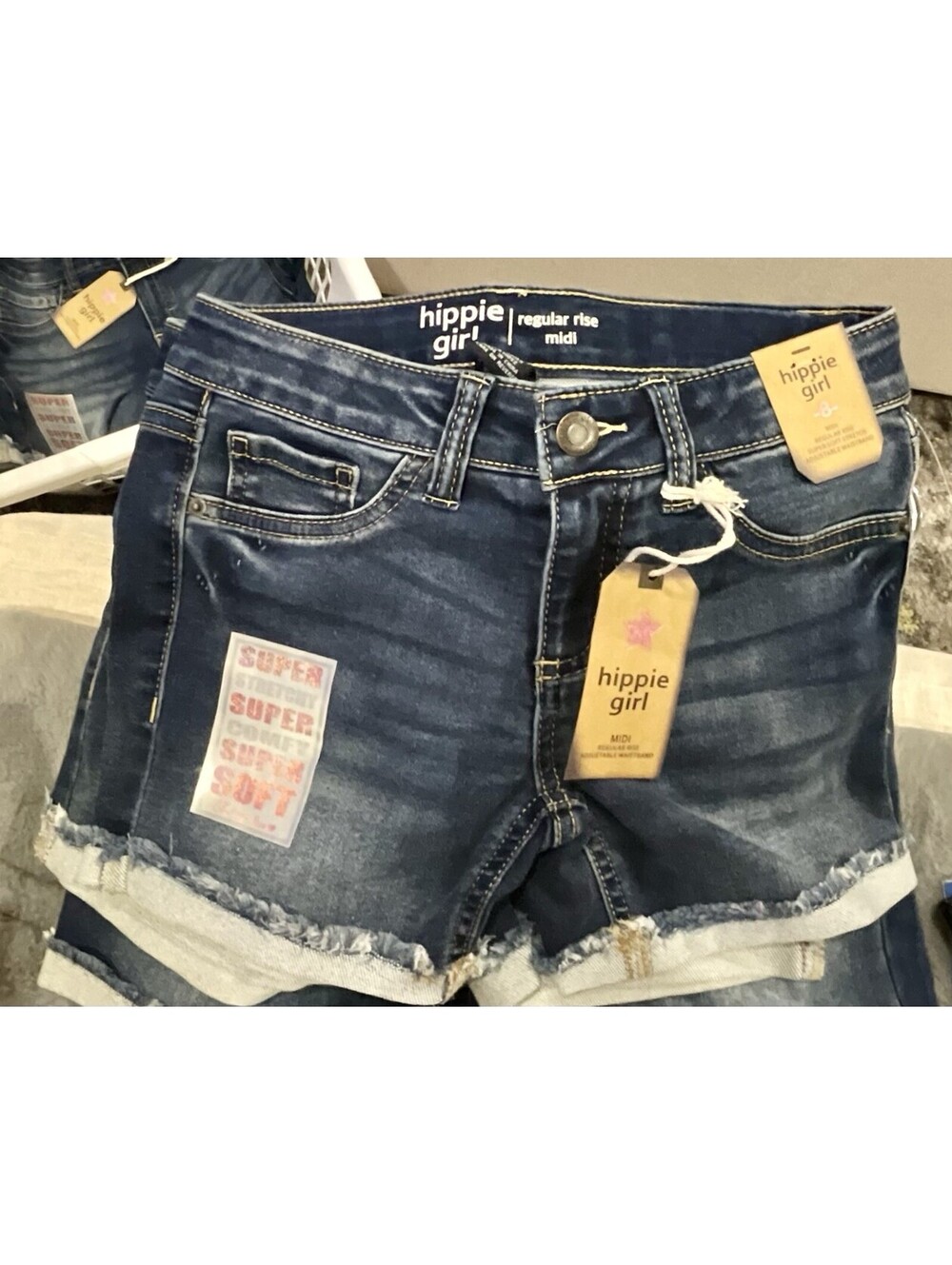 Hippie Girl Denim Shorts Kids NWT SZ. 8 Midi Blue Super Soft Stretch Adjustable